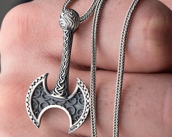 Sterling Silver Double Headed Axe Necklace - Viking Jewelry