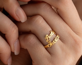 Zilveren dubbele naamring, twee naamring, gepersonaliseerde ring, aangepaste gegraveerde ring voor haar, gepersonaliseerde sieraden, paren beste vriend naam cadeau