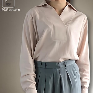 Blouse Sewing Pattern PDF, Collared Linen Shirt with Placket, Long Sleeve, Minimalist Women’s Top, A4 A0 US Letter, Projector File, EU 34–50
