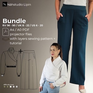Könnte beinhalten: Ein Nähpaket mit einem Wickel-Top und einer Hose mit weitem Bein. Das Bild zeigt eine Zeichnung der Kleidungsstücke, ein Foto der Hose und eine Frau, die ein weißes Wickel-Top trägt. Das Paket enthält A4/A0 PDF-Projektordateien mit Ebenen und ein Tutorial.