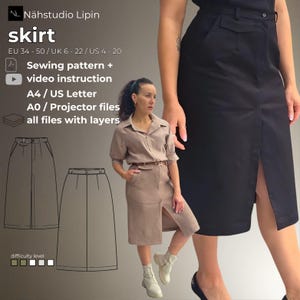 Könnte beinhalten: Ein schwarzer Rock mit Schlitz vorne wird gezeigt, zusammen mit einer Frau, die einen ähnlichen Rock in Beige trägt. Das Bild enthält auch ein Schnittmusterdiagramm und den Text "skirt" und "Sewing pattern + video instruction."