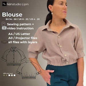 Könnte beinhalten: Eine beige Bluse mit Knopfleiste und kurzen Ärmeln. Das Bild enthält den Text "Bluse" und Größenangaben. Ebenfalls enthalten sind ein Schnittmuster mit Videoanleitung, A4/US Letter und AO/Projektor-Dateien.