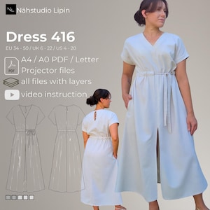 Könnte beinhalten: Ein hellblaues Midikleid mit kurzen Ärmeln, V-Ausschnitt, Bindegürtel und einem Schlitz vorne. Das Bild enthält den Text: Nähstudio Lipin, Dress 416, EU 34-50 / UK 6-22 / US 4-20, A4 / A0 PDF / Letter, Projector files, all files with layers, video instruction.