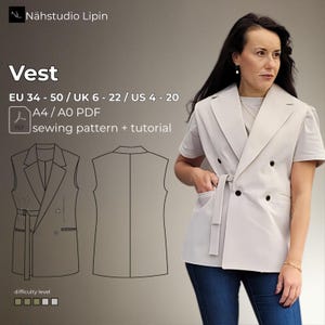 May include: A sewing pattern for a sleeveless vest with a double-breasted closure and a belt. The pattern is available in sizes EU 34-50, UK 6-22, and US 4-20. The pattern is available in A4 or A0 format and includes a tutorial. The difficulty level is shown as a series of squares.