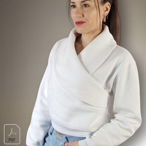 Modern Minimal Sweatshirt Sewing Pattern PDF – Wrap Collar Pullover Pattern Women, Asymmetric Neckline, A4 A0 Projector File
