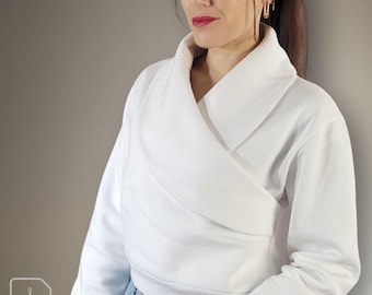 Patrón de costura de sudadera minimalista moderna en PDF: jersey de cuello cruzado para mujer, escote asimétrico, archivo para proyector A4/A0