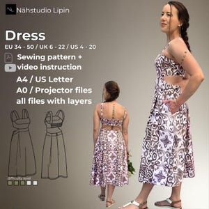 Könnte beinhalten: Eine Frau präsentiert ein gemustertes Kleid mit Cut-Out-Details. Das Kleid ist ein Schnittmuster mit Videoanleitung, erhältlich in den Größen EU 34-50, UK 6-22 und US 4-20. Das Muster enthält A4/US Letter und A0/Projektor-Dateien mit Ebenen.