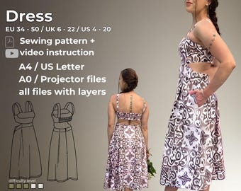 May include: A woman models a patterned dress with cut-out details. The dress is a sewing pattern with video instructions, available in EU sizes 34-50, UK sizes 6-22, and US sizes 4-20. The pattern includes A4/US Letter and A0/Projector files with layers.