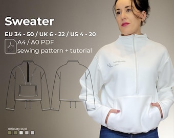 Pull, patron de couture PDF, tailles 34 à 50, manches longues, col montant, veste polaire