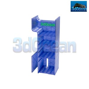May include: A translucent blue 3D-printed storage rack featuring multiple horizontal shelves with a grid-like pattern. The structure includes a side panel and the text 3docean printed in green on the top front section of the vertical frame.