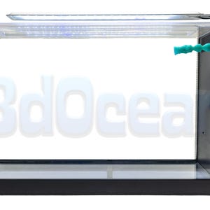 May include: A rectangular glass aquarium with a black base and frame. The aquarium has a built-in filtration system on the right side and a bright LED light fixture on top. The text "3dOcean" is visible in the background.