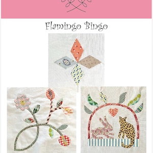 Peut inclure: Un patron de courtepointe intitulé Flamingo Bingo BOM Month 9 par deborah dorward designs. L'image présente trois blocs d'appliqué en tissu : une étoile à quatre losanges, une vigne florale avec des feuilles à motifs et une scène avec un lapin et un léopard.