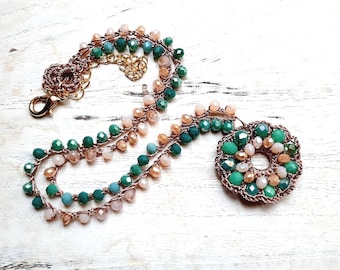 Crochet medallion necklace with crystals