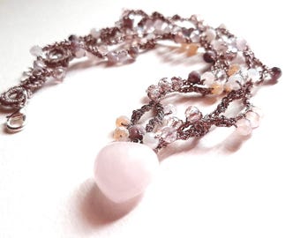 Double-strand crochet choker necklace with crystals and a rose quartz heart pendant.