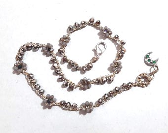 Silver Necklace, crochet choker necklace with silver crystal flowers