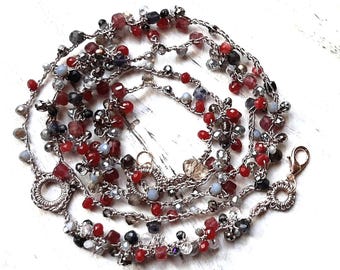 Long crochet necklace, necklace with crystals and natural stones, red, silver, gray
