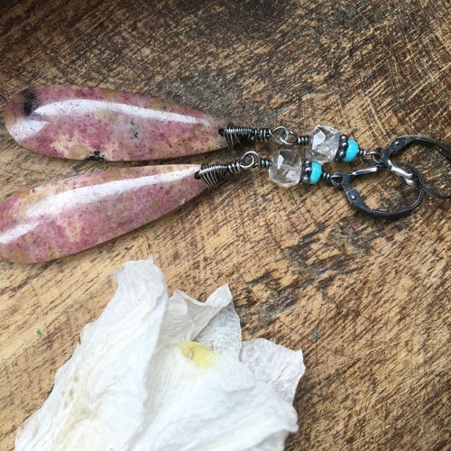 Sterling silver Rhodhonite, Crystal 3d shops stone and Turquoise stone earrings n117 * handmade artisan earrings * pink organic earthy * rustic