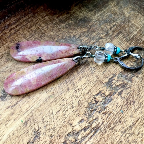 Sterling silver Rhodhonite, Crystal 3d shops stone and Turquoise stone earrings n117 * handmade artisan earrings * pink organic earthy * rustic
