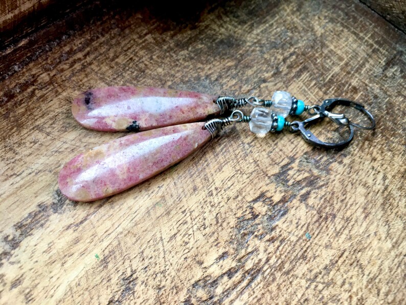 Sterling silver Rhodhonite, Crystal 3d shops stone and Turquoise stone earrings n117 * handmade artisan earrings * pink organic earthy * rustic