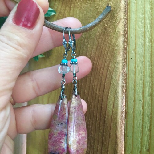 Sterling silver Rhodhonite, Crystal 3d shops stone and Turquoise stone earrings n117 * handmade artisan earrings * pink organic earthy * rustic