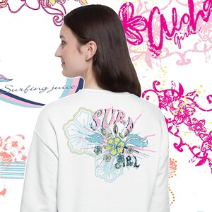 May include: White sweatshirt with a floral design and the text "Surf Girl" on the back.