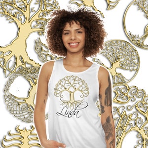 May include: White tank top with a gold tree of life design and the name "Linda" written underneath. The tree has a detailed, intricate design.