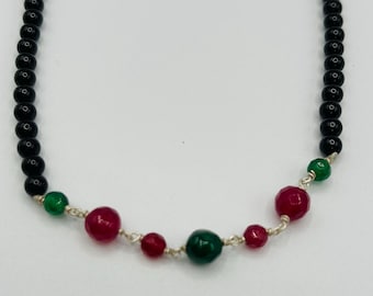 Sterling Silver Black Onyx and dyed Quartz handmade Anklet