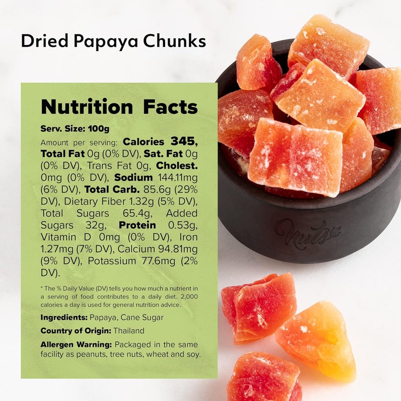 NUTS U.S. Unsulphured Dried Papaya Chunks, Low Sugar, No Color Added