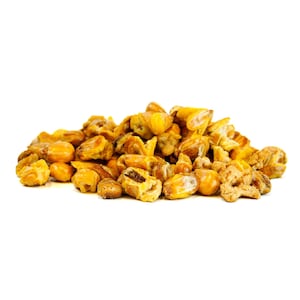 May include: A pile of golden-brown, roasted corn kernels. The kernels have a slightly irregular shape and a textured surface, suggesting a crunchy texture. The image is set against a clean white background, highlighting the snack.