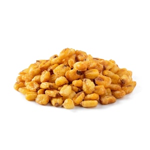 May include: A close-up of a pile of golden brown corn kernels, likely roasted or fried, against a white background.