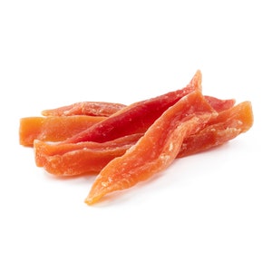 May include: Dried papaya strips, a healthy and delicious snack, are arranged in a pile on a white background. The papaya is a vibrant orange color and has a slightly translucent appearance.