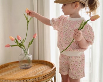 LISTO PARA ENVIAR: conjunto de flores de gofre para niñas, conjunto diario para niñas pequeñas, conjunto diario para niñas, conjunto de dos piezas con estrellas para niños, look escolar para niños