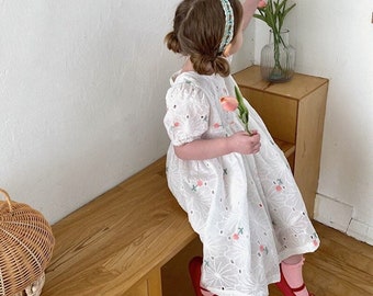 LISTO PARA ENVIAR- Niñas Bordada de flores de manga cortaVestido, Vestido para niños pequeños, Vestido para niñas, Vestido de cumpleaños para niñas, Vestido floral para niños