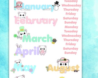 Marshmallow Bear Monthly & Weekly Planner Stickers – Kawaii Weather Icons | Super Cute Month, Weekdays and Weather Stickers for Planners Set