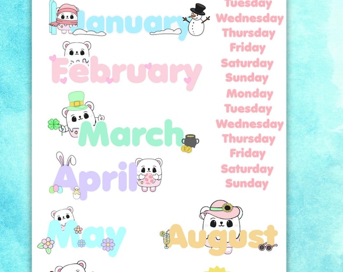 Marshmallow Bear Monthly & Weekly Planner Stickers – Kawaii Weather Icons | Super Cute Month, Weekdays and Weather Stickers for Planners Set
