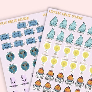 May include: A set of colorful digital stickers featuring cartoon illustrations of various bills, including cable, water, electric, gas, and phone bills. The stickers are designed with cute faces and are perfect for organizing and decorating planners, journals, and other items.