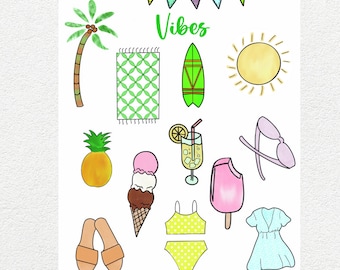 Summer Vibes Sticker Sheet, Fun Summer stickers, Beachy Sticker Fun, Summer Fun Stickers