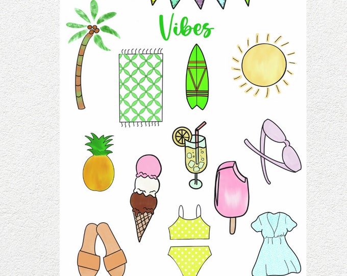Summer Vibes Sticker Sheet, Fun Summer stickers, Beachy Sticker Fun, Summer Fun Stickers