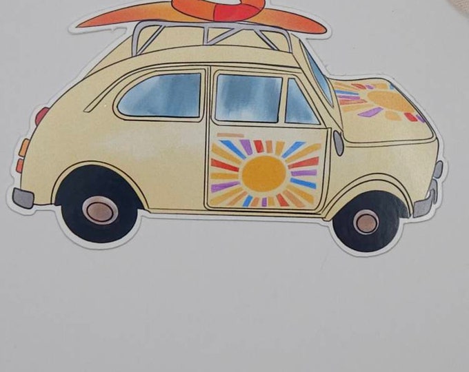 Surfboard Beetle Car | Surfer Bug Car | VW Bug Surfer | Hippie VW Bug Car Water-Proof Laptop Decal, Hydro Flask  Sticker