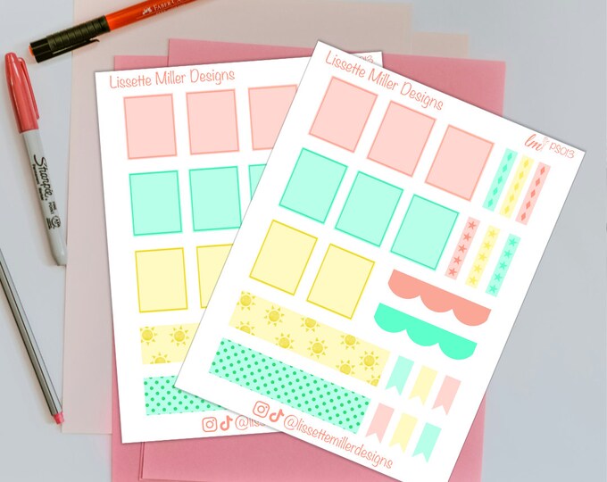 Summer Theme Planner Sticker Sheet | Full Size Boxes and Checklists | Washi | Tags and Banners | Functional Planner Stickers