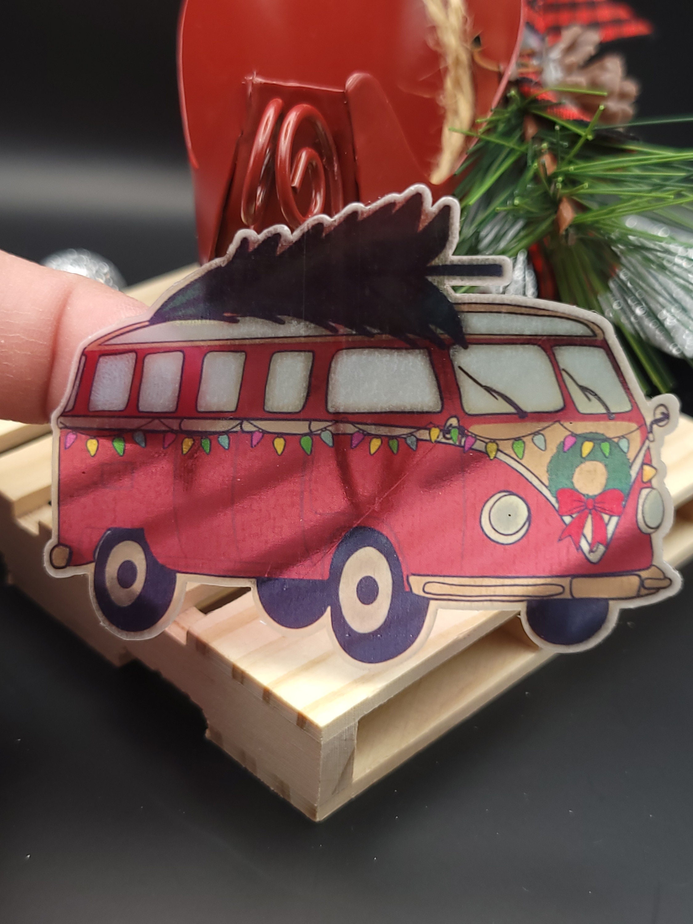 Clear Christmas tree on Volkswagen Bus, Red Bus, Christmas Sticker, Clear  Sticker