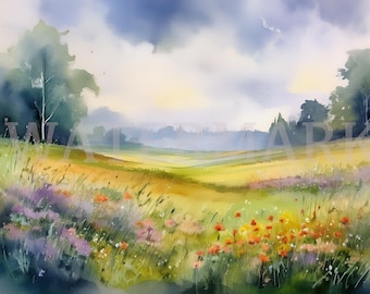 May include: A watercolour painting depicting a tranquil landscape with a field of wildflowers in red, purple, and yellow hues. The scene includes trees, a cloudy sky, and a misty horizon. The artwork conveys a sense of peace and serenity.