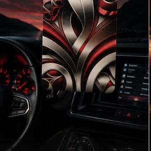 May include: Car air freshener with a geometric design in silver and red, hanging in a car. The text "CELESTIAL FIRE" is visible, along with the phrases "BOLD. COSMIC. INTENSE." and "For the nights that burn brighter."