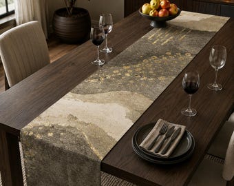 Table Runner Gilded Stone Abstract Table Runner | Neutral Gray Gold Modern Dining Decor