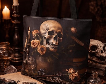 Macabre Still Life Tote Dark Aesthetic Witchy Bag Rose Skull Art Alternative Fashion Carry Bag