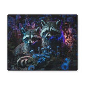 Gorgeous Bioluminescent Raccoons Resting in Wild Flower Bed| Canvas Art| Kids Room| Office Décor| Living Room Décor