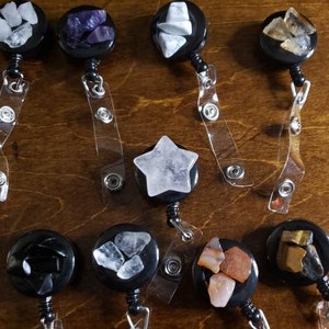 One (1) Personalized Crystal Chip Retractable Badge Holder Stylish Natural Stone Healing Unique Gift Idea Thoughtful Protection Cleansing