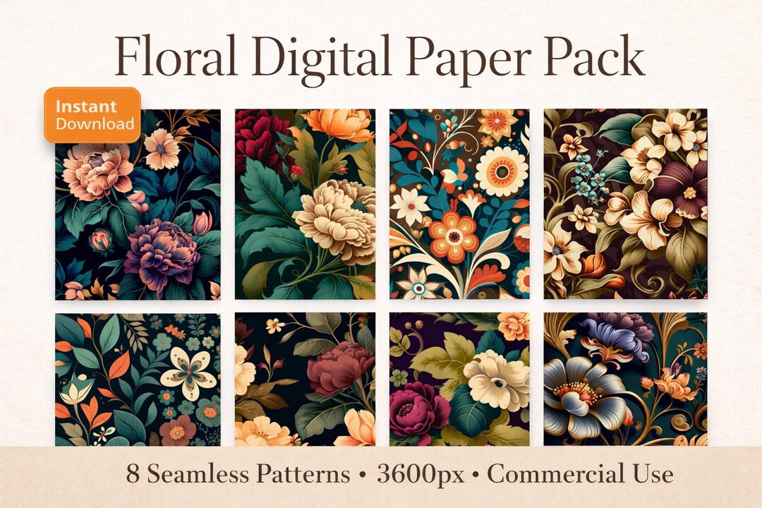 Seamless Floral Digital Paper Pack | Vintage Patterns | Scrapbook Paper ...