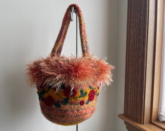 Handmade Felted Wool Shoulder Bag, Richly Decorated With Floral Handwork, Oranges, Berry, Pinks, Fun Design, Like New, Well Made, Roomy Size