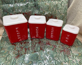 Vintage MCM Lustro Ware Canister Set, Red & White Plastic, Set of 4, Flour, Sugar, Coffee, Tea, Red 1950s Kitchen Decor, Nostalgic Decor